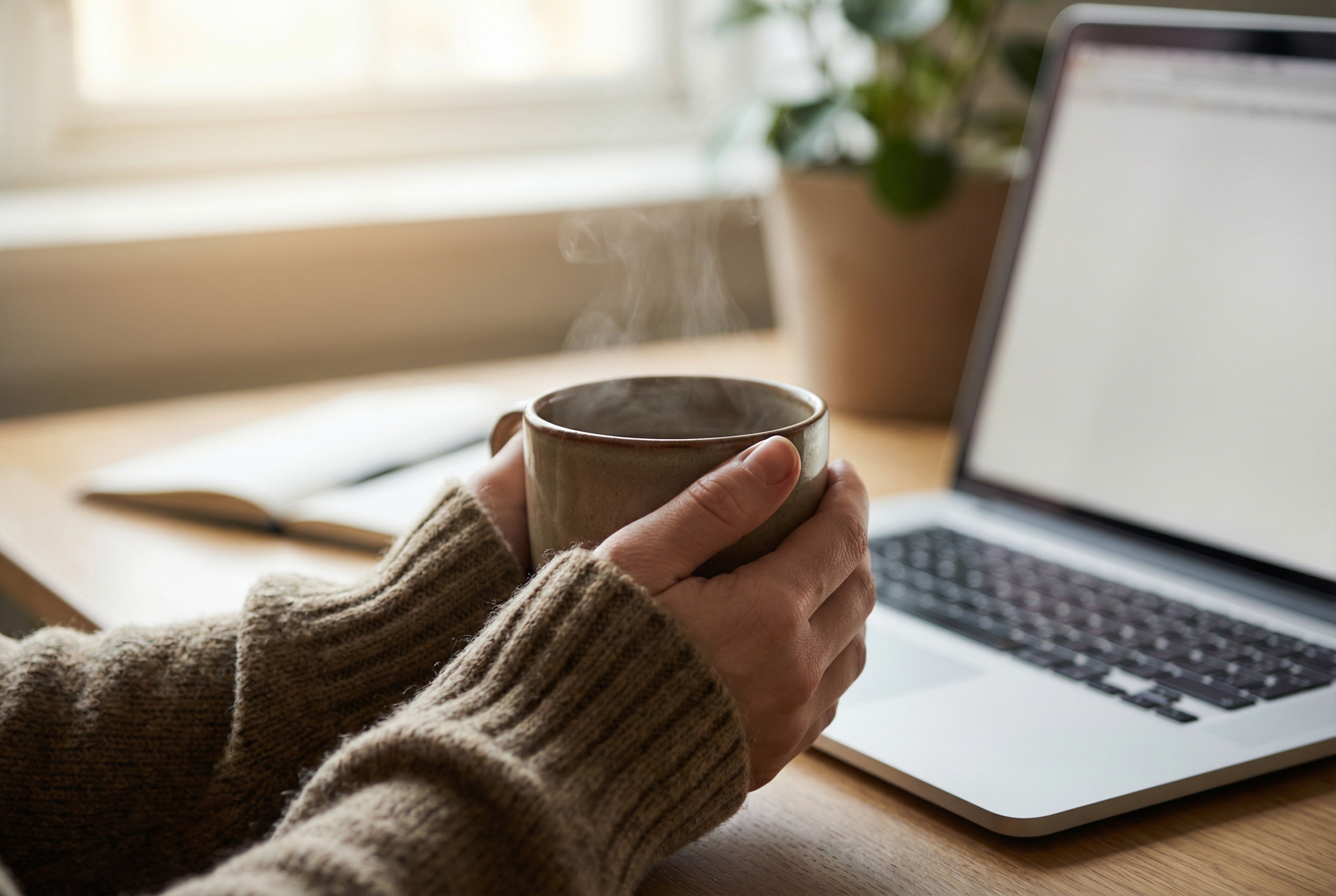Hand holding a tea cup, pause from work
