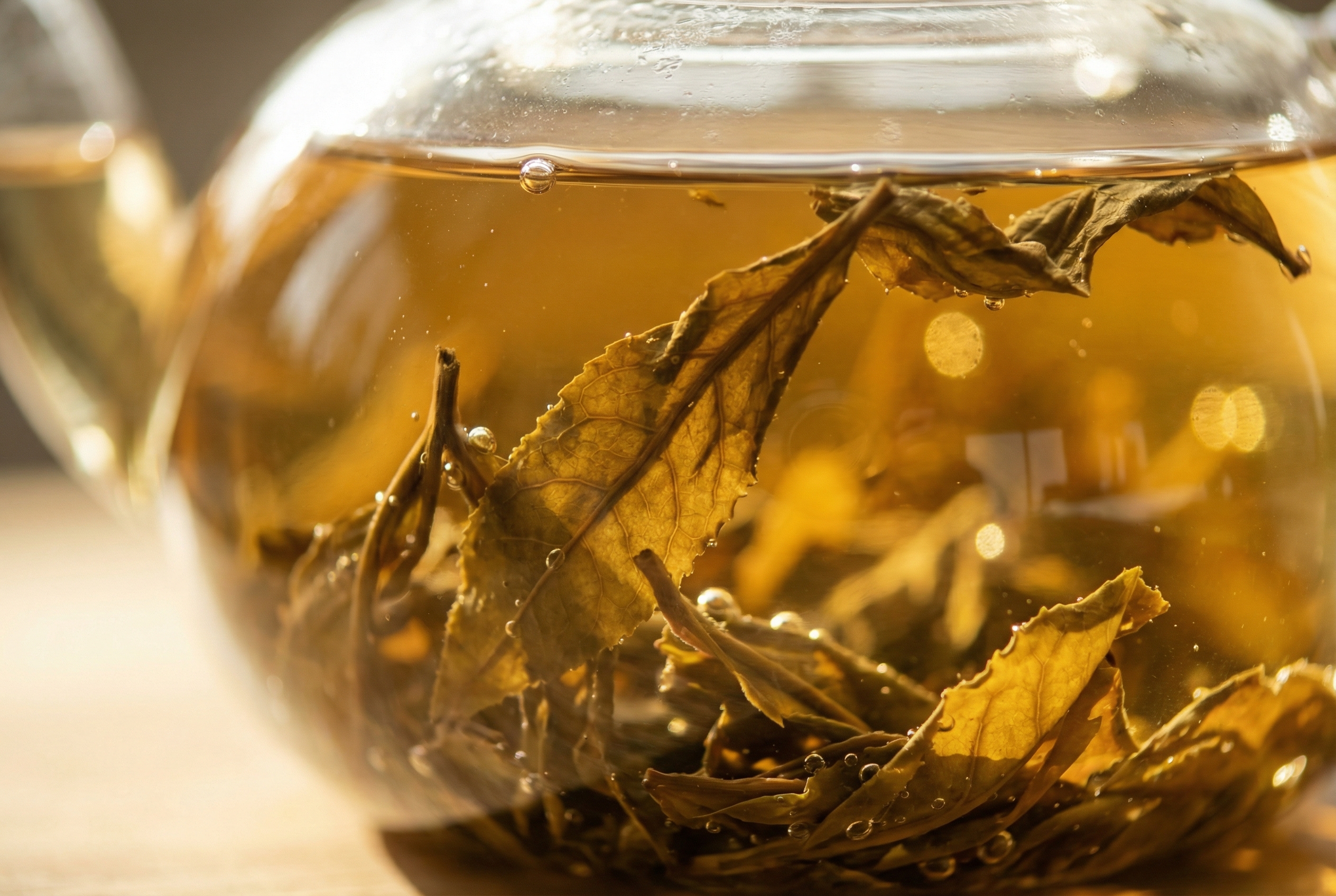 Tea leaves unfurling in water